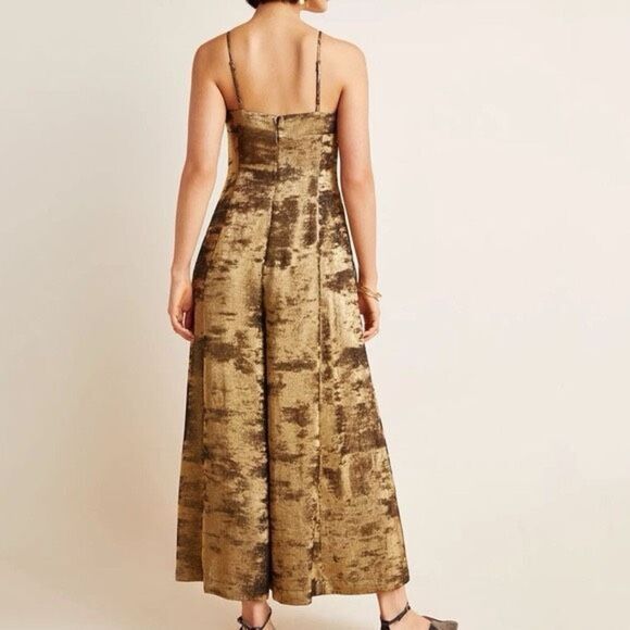 Anthropologie Women’s Erika Metallic Satin Burnout Spaghetti Strap Wide Leg Jump - Picture 4 of 12